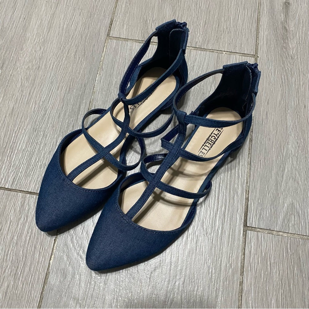 Seychelles Denim Blue Strappy Pointed Toe Flats with back zipper